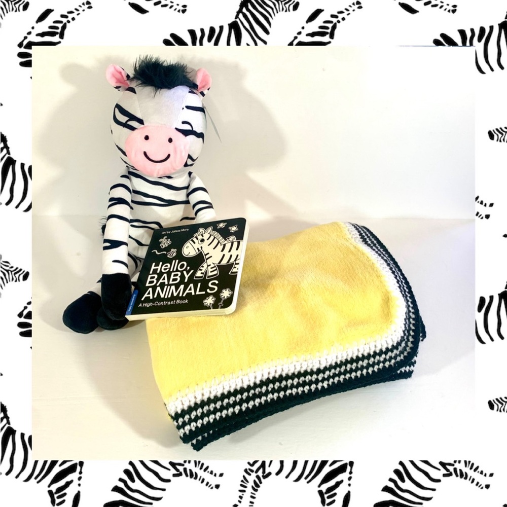 Hello Baby Zebra Crochet Baby Youth Blanket, Plush and Book 3 Pc Gift Set